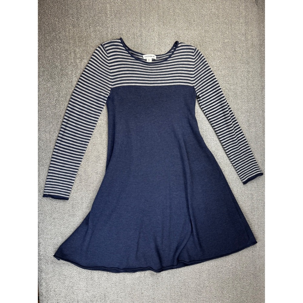 Artisan NY Dress Small Navy Blue Striped Cashmere Blend Fit & Flare Knit Casual